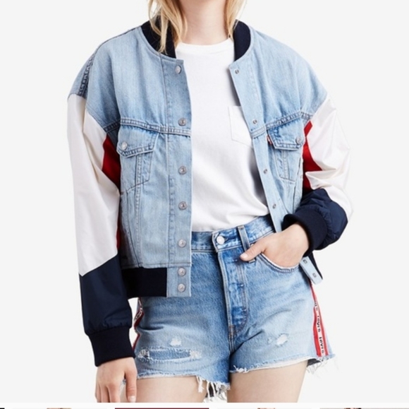 Levi's Jackets & Blazers - Levi's Denim Bomber Jacket Red Blue Nylon Sleeves